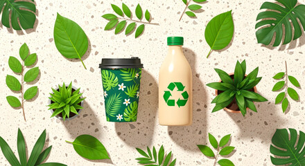 Green Leaves and Eco-Friendly Drinks on a Textured Surface