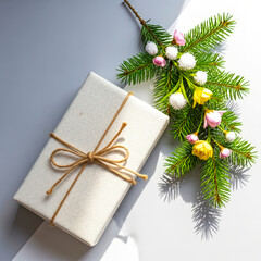 Gift Box with Natural Decor and Floral Accents on a Bright Surface