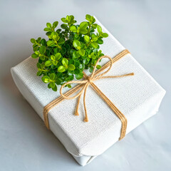 Gift Box with Decorative Greenery on Neutral Background