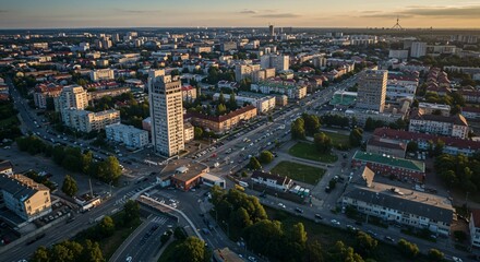 Fototapeta premium an aerial view of a city at sunset