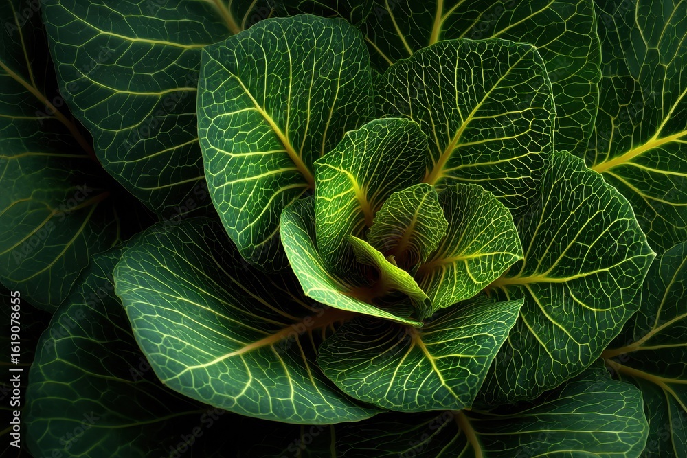Poster close-up of green cabbage with yellow veins showing intricate leaf structure, revealing detailed tex