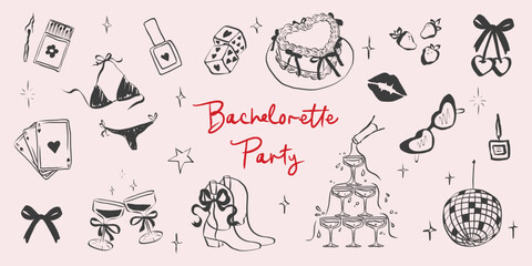 Birthday party set in hand drawn coquette style. Whimsical chalk doodles for girls bachelorette. Crayon drawing for menus and invitations. Doodle elegance vector illustration