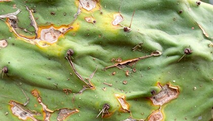 Detailed Close Up of a Green Cactus Pad with Blemishes in Bright Sunlight