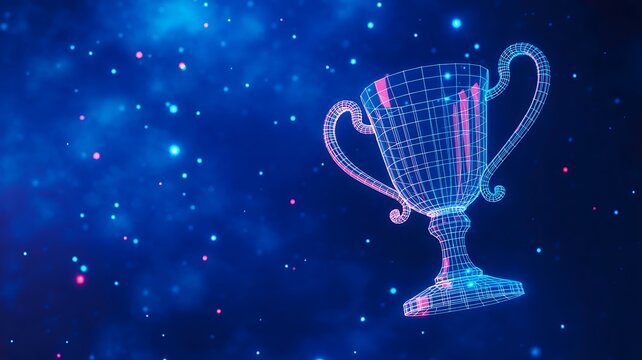 Digital wireframe trophy with glowing particles in space