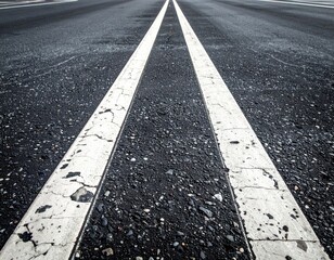 Close Up Dark Asphalt Road With Two White Lines in Center No People