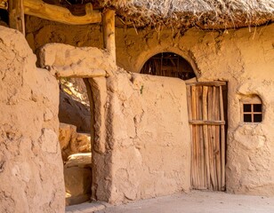 Mud Brick Dwelling with Thatched Roof in Rural Setting on a Sunny Day