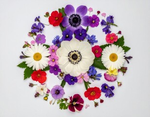 Circular Floral Arrangement Featuring Daisies Anemones And Violets on White Background