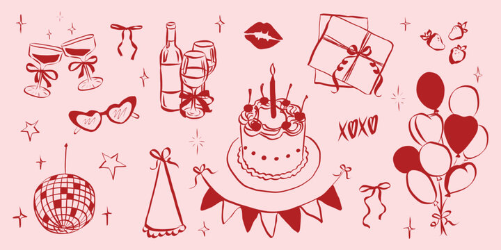 Birthday party set in hand drawn coquette style. Whimsical chalk doodles for girls bachelorette. Crayon drawing for menus and invitations. Doodle trendy vector illustration