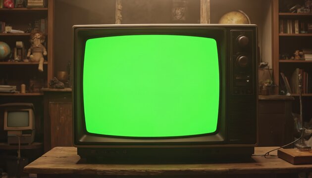 Vintage television with green screen sits on wooden table in cluttered room. Retro analog display, obsolete technology from 70s-80s. Empty screen awaits content. Nostalgic media, classic