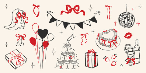Birthday party set in hand drawn coquette style. Whimsical chalk doodles for girls bachelorette. Crayon drawing for menus and invitations. Doodle sketch vector illustration