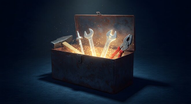 A collection of essential tools illuminated within an old metal toolbox casting a warm glow