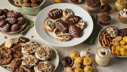 Football themed dessert table loaded with treats. Enjoy cookies, cupcakes, snacks decorated like footballs, perfect for game day parties sports celebrations. Delicious edible creations enhance