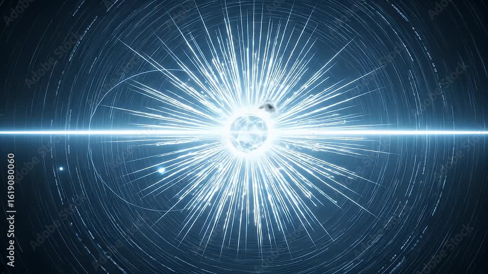 Poster celestial nexus: a luminous core surrounded by intricate patterns of light beams, reminiscent of a c
