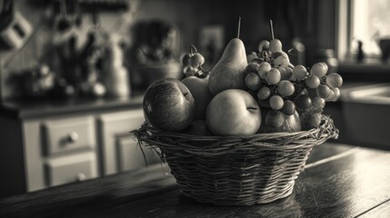 Woven basket filled with various fruits on table, blurred kitchen background, monochrome