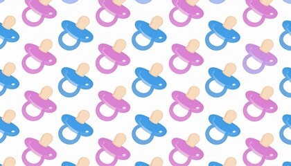 A geometric pattern formed by neatly arranged baby pacifiers, creating a playful and orderly visual across a clean, uniform background.