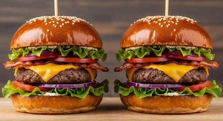 Image features a symmetrical layout of two identical gourmet cheeseburgers placed side by side on a wooden surface. Each burger is constructed with a glossy, sesame-seed-topped brioche bun. The layers
