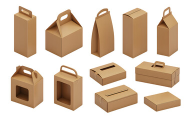 Diverse collection of modern cardboard packaging boxes with handles and window cutouts for easy transport and display
