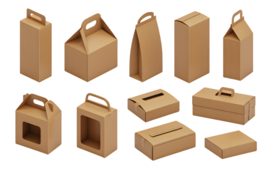 Diverse collection of modern cardboard packaging boxes with handles and window cutouts for easy transport and display