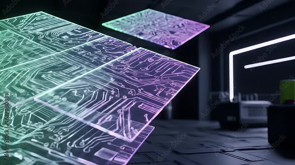 Poster digital matrix: a futuristic interior with transparent circuit board panels forming an abstract matr