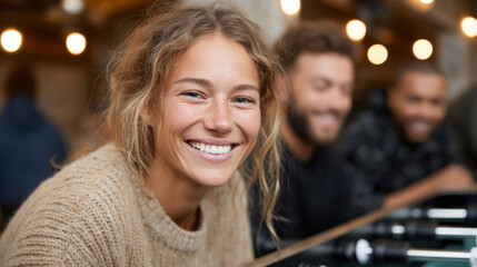 Team enjoying table football game during office break