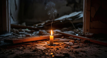 Single candle burning in destroyed home after tsunami disaster symbolizing hope among ruins