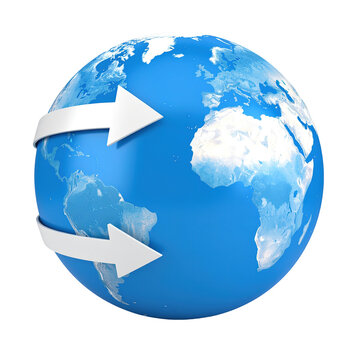 Global communication concept with arrows circling a planet isolated on a transparent background.