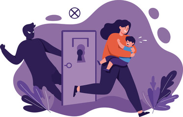 Mother running away with child from shadow figure in purple background vector illustration 