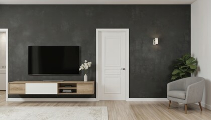 Modern living room features dark gray textured walls, floating media console with TV, white door. Light wood floors, grey armchair with rich green plant add warmth, style to contemporary interior