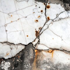 Cracked White Marble Texture with Rust Stains and Gray Concrete Background