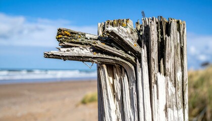 Weathered Wooden Post on a Sandy Beach with Ocean Views and Blue Sky at Daylight