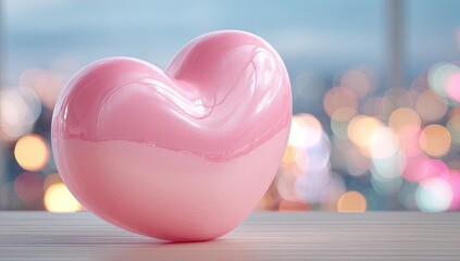 A glossy pink heart on a light wooden surface with a blurred city lights background