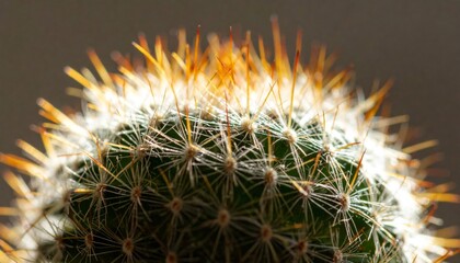 Detailed Close Up of Green Cactus with Spikes and Golden Light Against Gray Backdrop