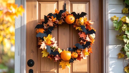 Autumn Halloween Wreath on Wooden Door