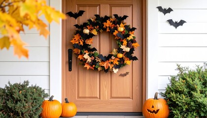 Halloween Decorated Front Door with Autumn Wreath and Pumpkins