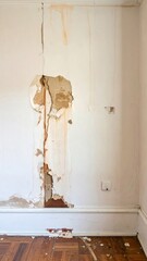 Damaged Interior Wall with Peeling Plaster and Brown Stains in Abandoned Room