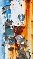 Extreme Close Up of Rusted Metal with Peeling Blue and White Paint Texture