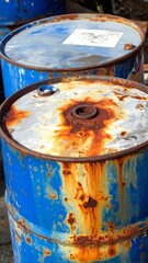 Oxidized Blue Metal Oil Drums with Rust and Weathered Texture Close Up