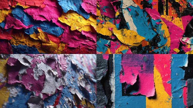 A vibrant quadriptych showcasing four close-up textures of heavily distressed, multi-colored paint.  The paint appears layered, cracked, and peeled, 
