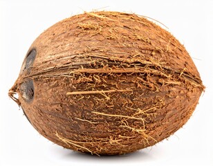Studio Shot of a Whole Brown Coconut with Fibrous Husk on a White Background