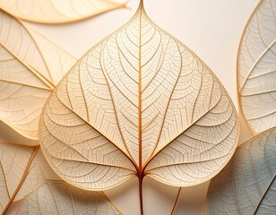 Delicate Skeleton Leaf with Veins Pattern on Soft White Background Texture Close Up