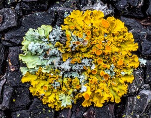 Vibrant Yellow Lichen Growth on Dark Bark Texture Close Up Details with Intricate Patterns