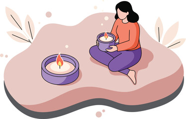Woman in orange sweater and purple skirt meditating with incense and candles in calm setting vector illustration 