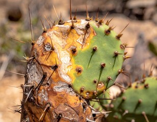 Close Up of a Prickly Pear Cactus with Green and Yellow Pads in Natural Sunlight