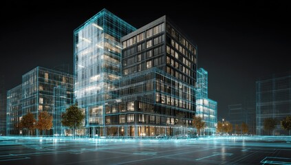 Modern city buildings at night, illuminated with digital overlays