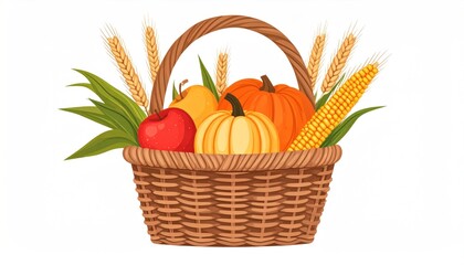 Autumn Harvest Basket with Pumpkins and Fruits