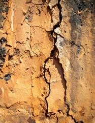 Fototapeta premium Cracked Orange and Black Plaster Wall Texture with Weathered Grunge Surface