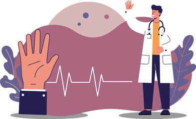 Fototapeta premium Doctor checking pulse with heartbeat monitor and hand health care concept vector illustration 