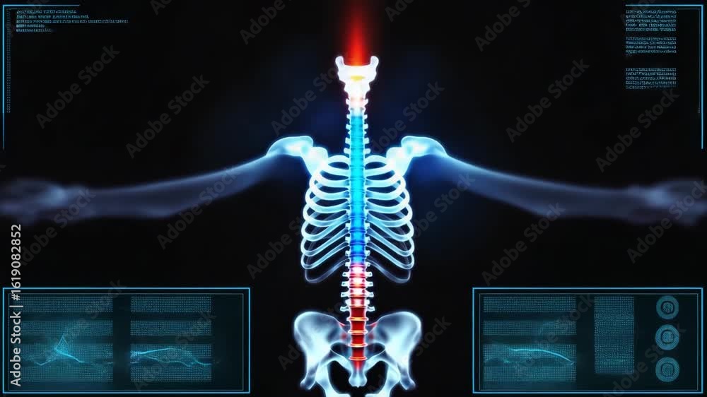 Poster digital x-ray scan of human skeleton with highlighted spine and advanced medical interface