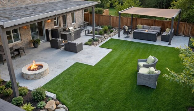 Aerial view suburban backyard oasis. Features include pristine artificial grass lawn, modern barbecue area with grill, stone fire pit with roaring flames. Comfortable outdoor seating under canopy
