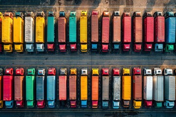 Aerial view shows colorful dump trucks parked in rows on a dirt lot, with one truck in the middle of the lot, taken during the day